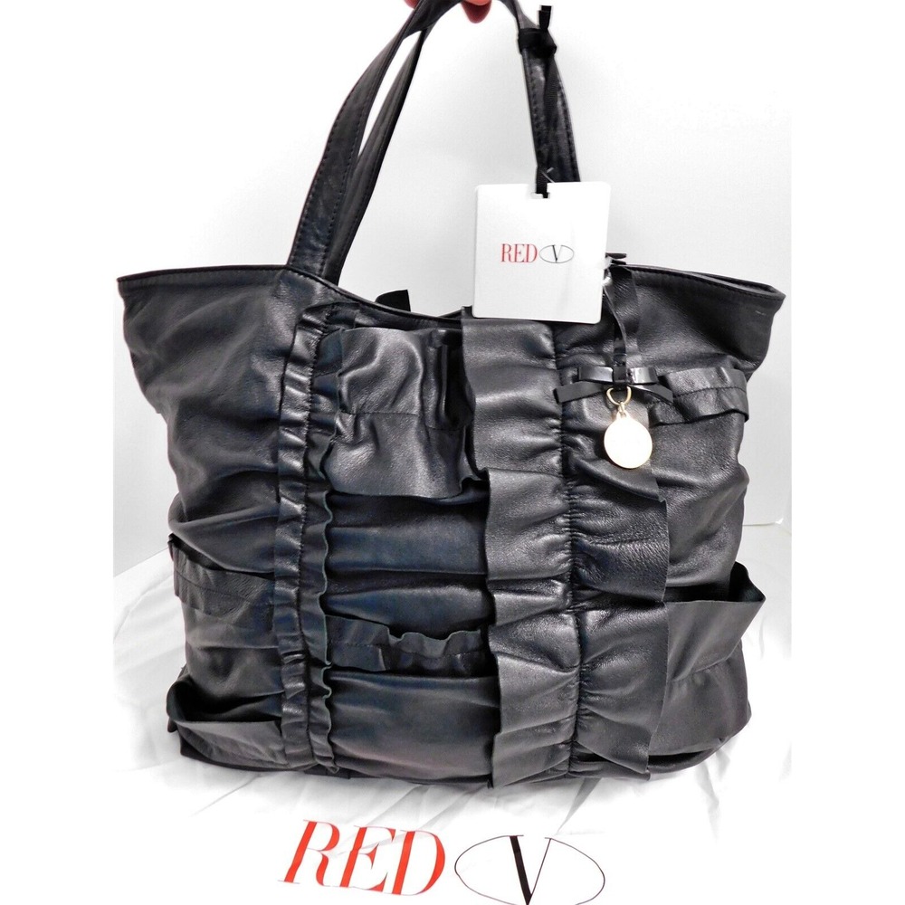 Valentino Red Garavani Black Lamb Ruffled Leather Large Tote Bag Italy‎